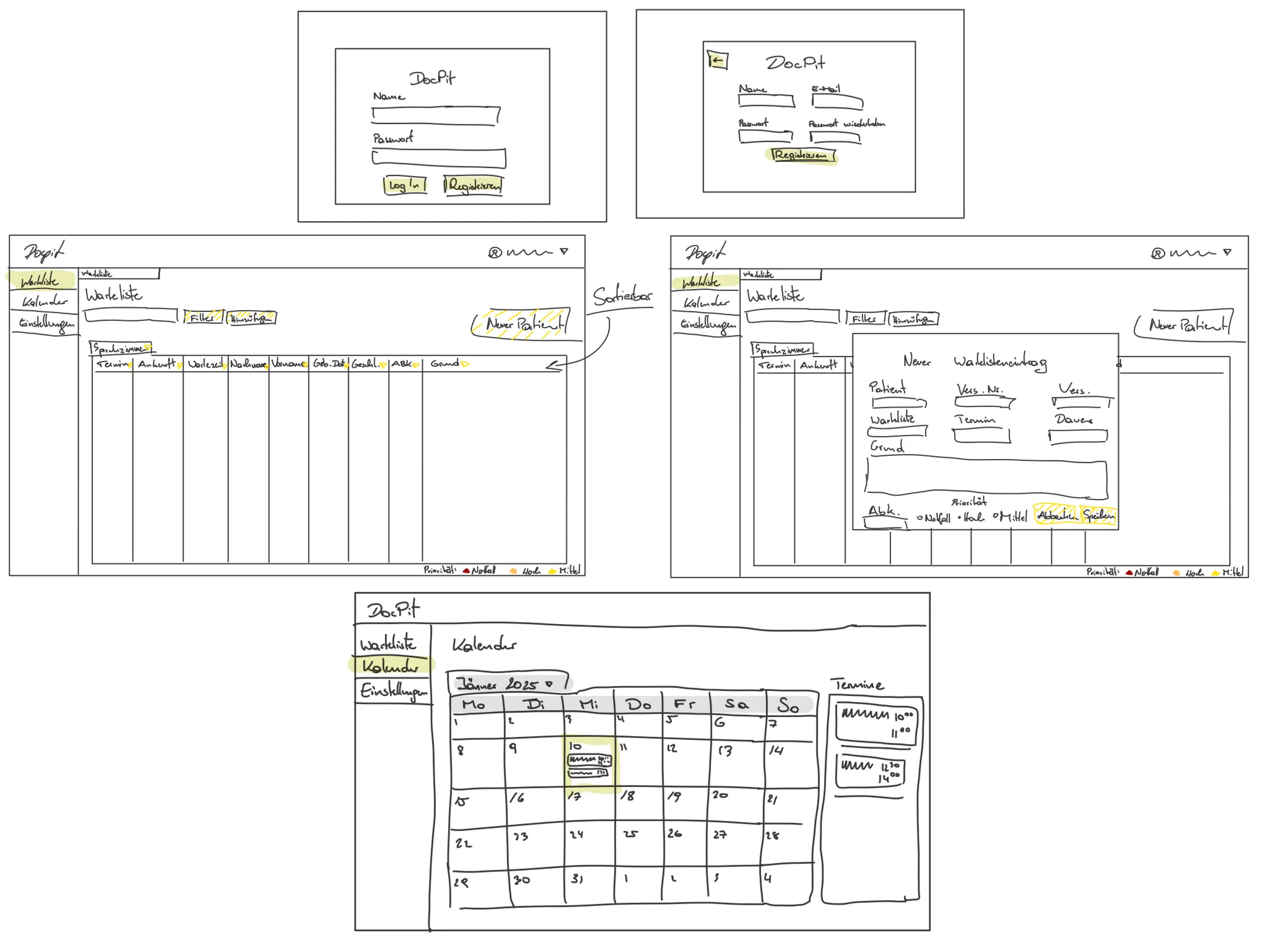 Low-fidelity DocPit flows for registration, the waiting list, and calendar