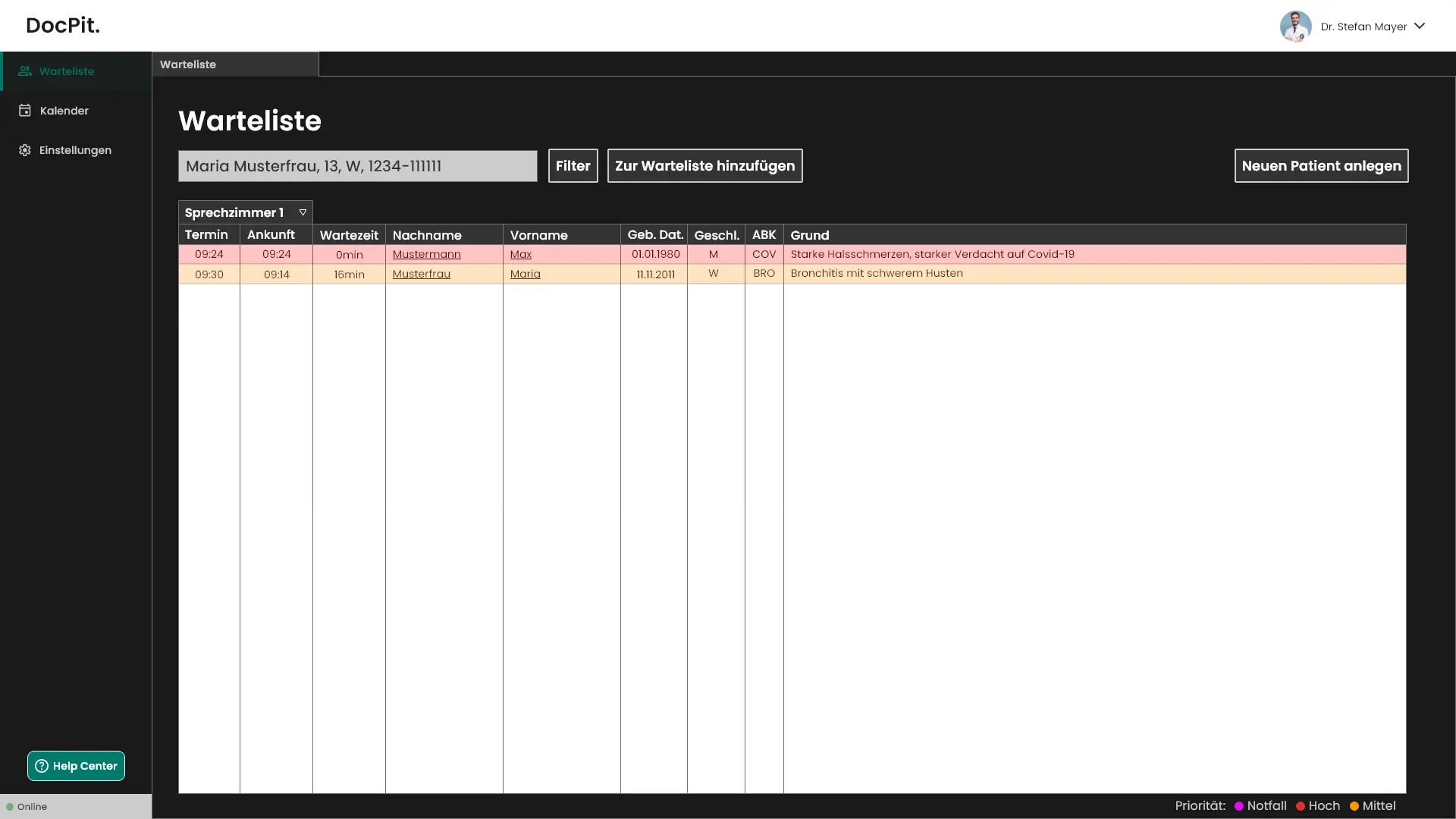 High-fidelity DocPit waiting list with navigation, filtering, and priority states