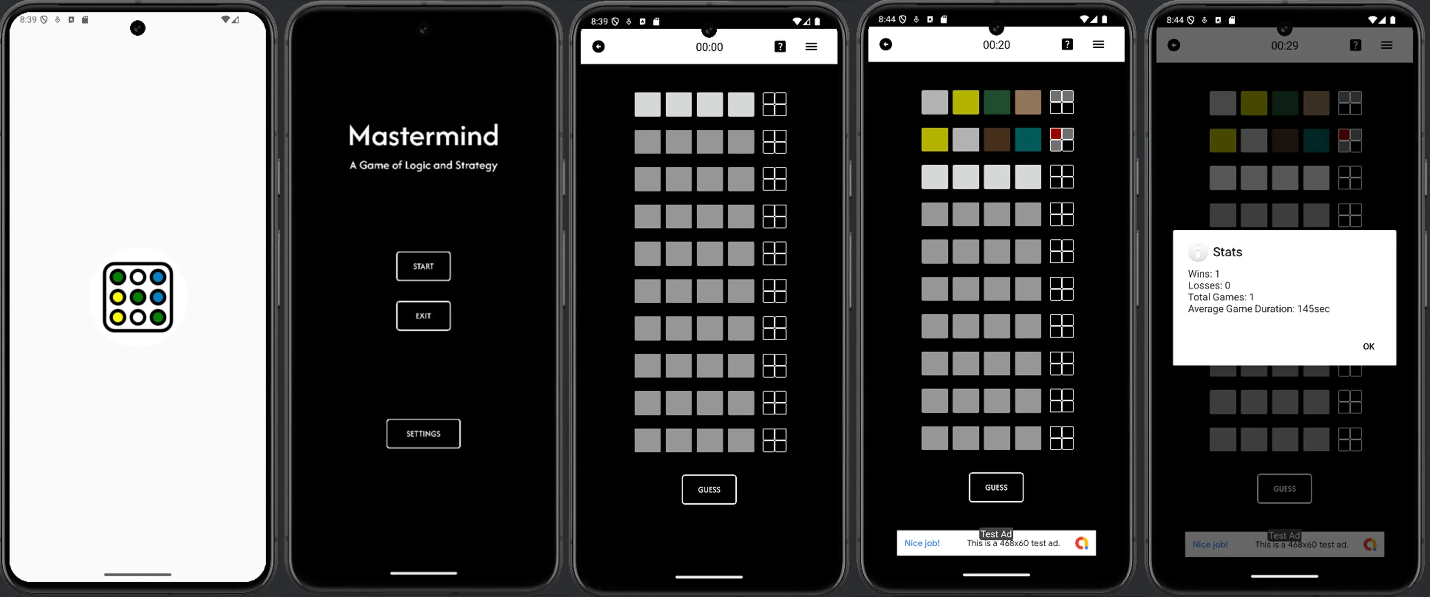 Final Mastermind Android application screens