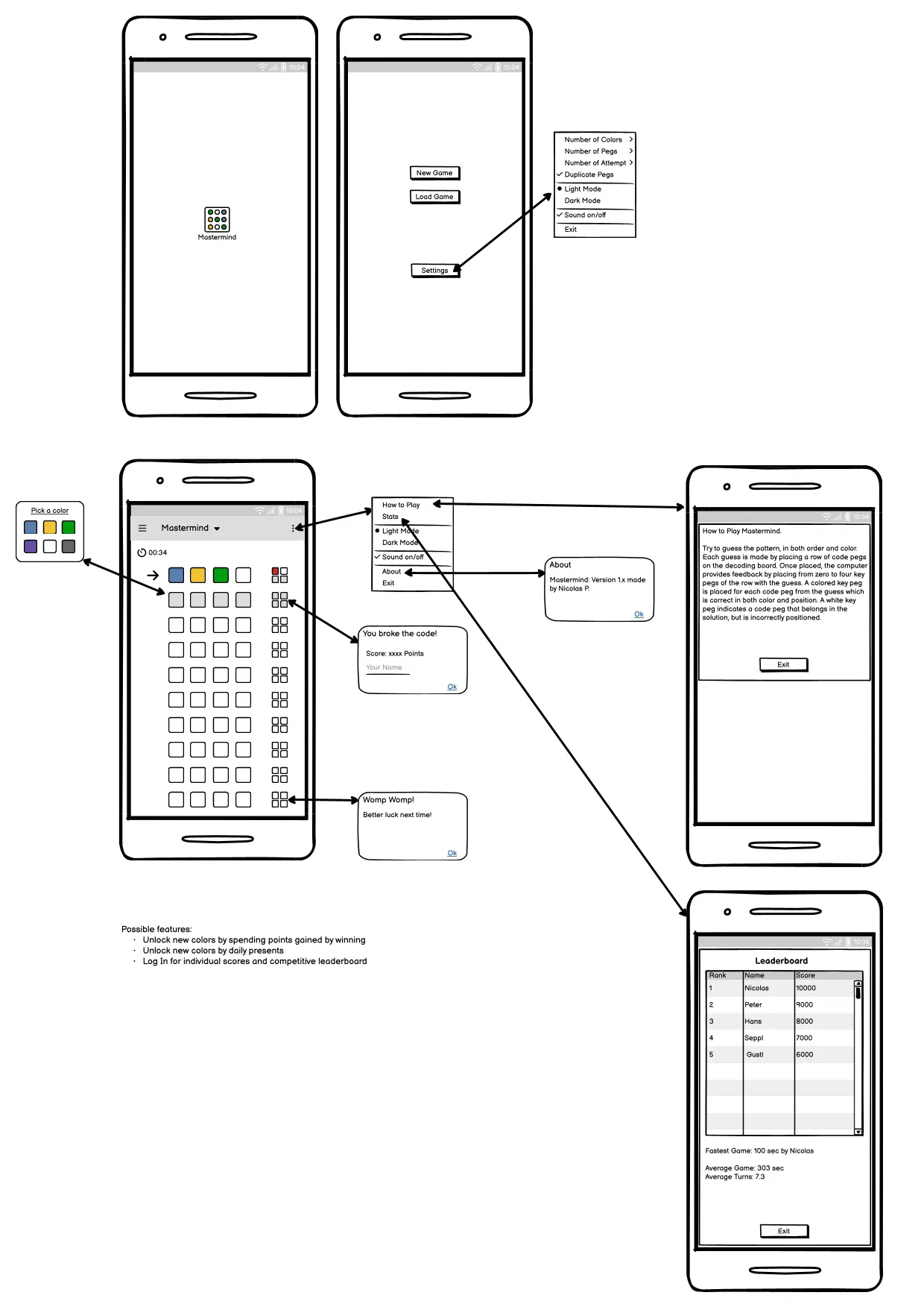 Early interface designs for the Mastermind app