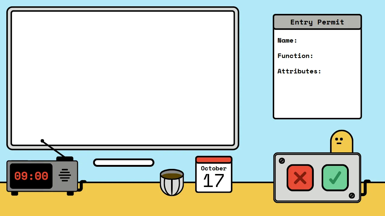 Designed game screen with a mathematical function, paperwork, and accept or reject controls
